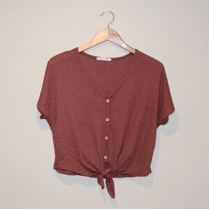 Caution to the Wind Mauve Waffle Knit (faux waist tie & button down) t-shirt